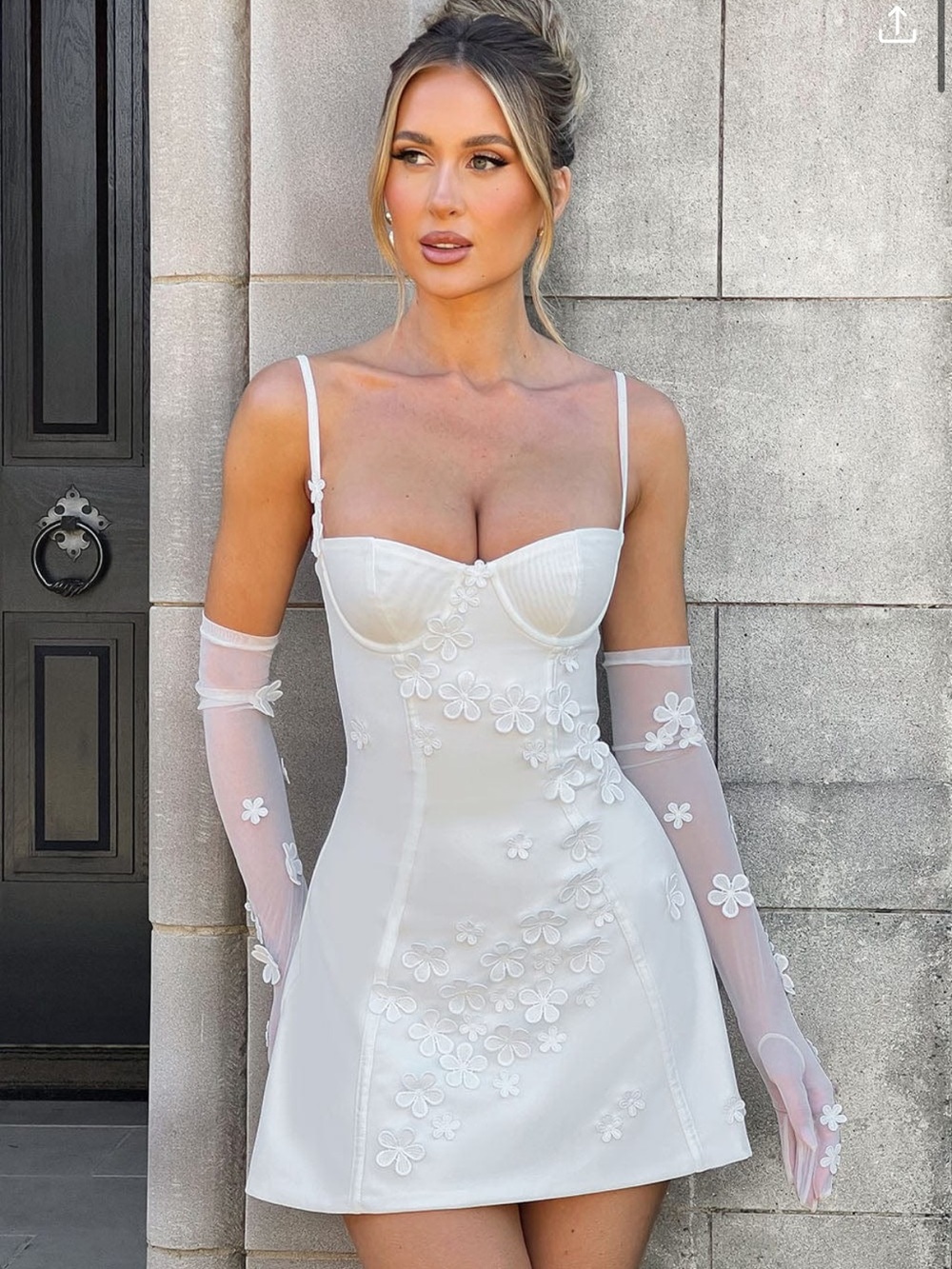 White Floral Appliqué Mini Dress with Sheer Gloves